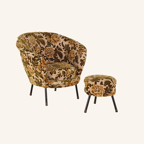 Italian Velvet Floral Armchair & Pouffe, 1950s