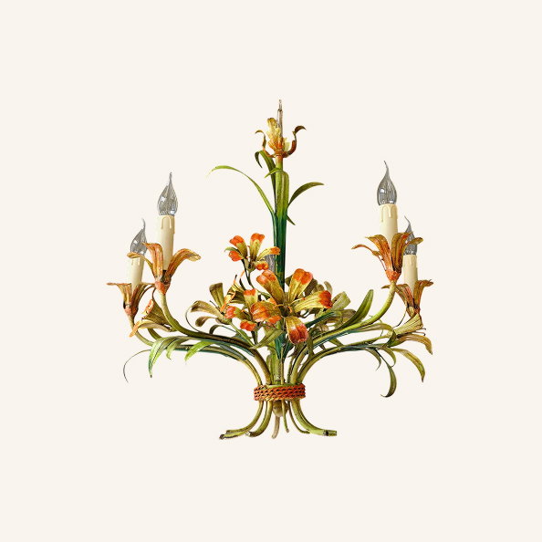 Italian Tole Hand Painted Floral Chandelier, 1960s