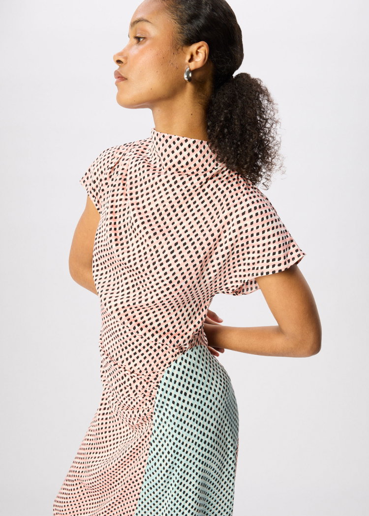 Pink Graphic Check Cowl Neck Dress