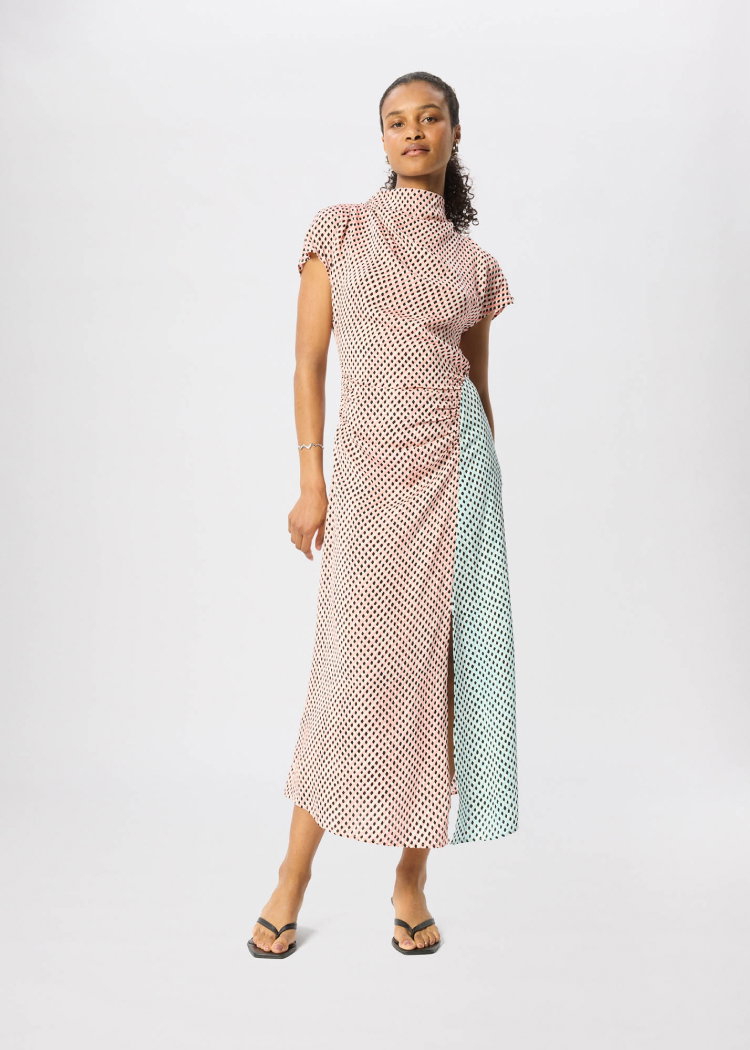 Pink Graphic Check Cowl Neck Dress