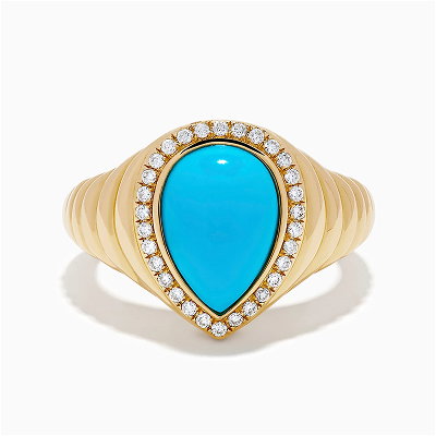 14K Yellow Gold Turquoise and Diamond Pear Halo Dome Ring