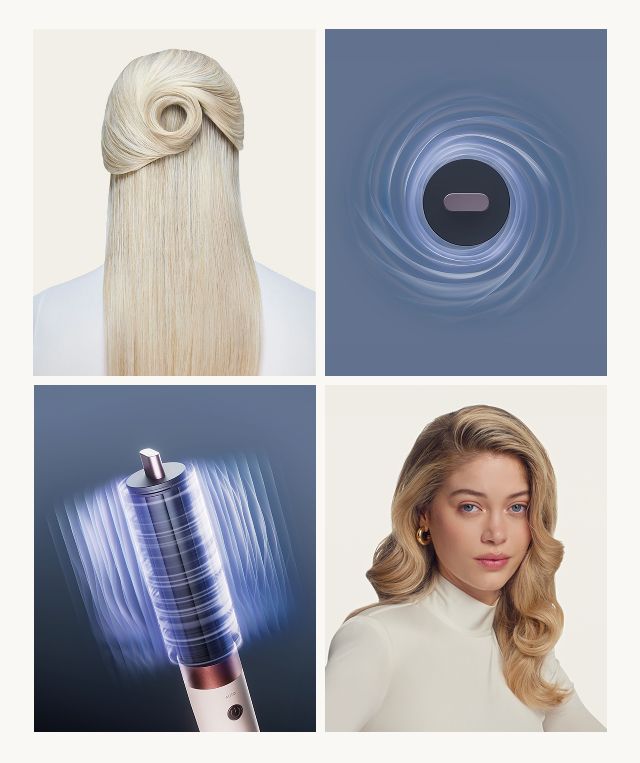 Grid of models with styled hair and graphics showing the Coanda airflow around the Dyson Airwrap barrels