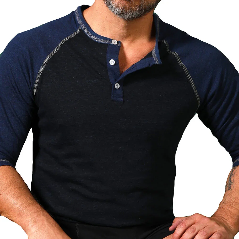Image of Royal Blue &  Navy Contrast 3/4 Raglan Sleeve Henley - Made In USA (Size XL)