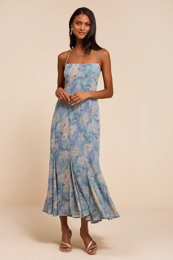 Image of Zaida Light Blue Multi Floral Halter Midi Dress
