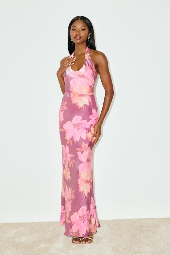Image of Lashay Purple and Pink Floral Satin Halter Mermaid Maxi Dress