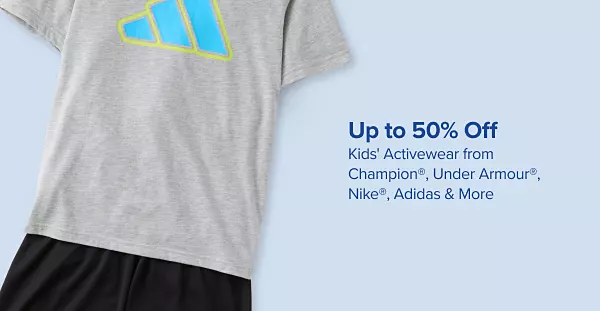 Up to 50% off kids activewear from Champion, Under Armour, Nike, Adidas and more. Shop now. A short sleeved shirt next to a pair of black athletic shorts.