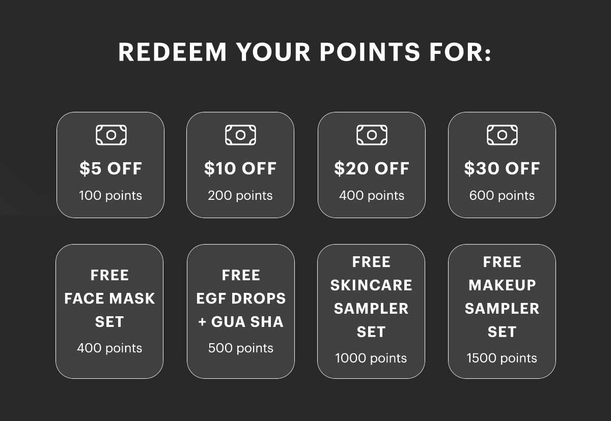 REDEEM YOUR POINTS FOR: $5 Off - 100 points, $10 off - 200 points, $20 off - 400 points, $30 off - 600 points Free Face Mask Set - 400 points Free EGF Drops + Guasha - 500 points Free Skincare Sampler Set - 1000 points Free Makeup Sampler Set - 1500 points
