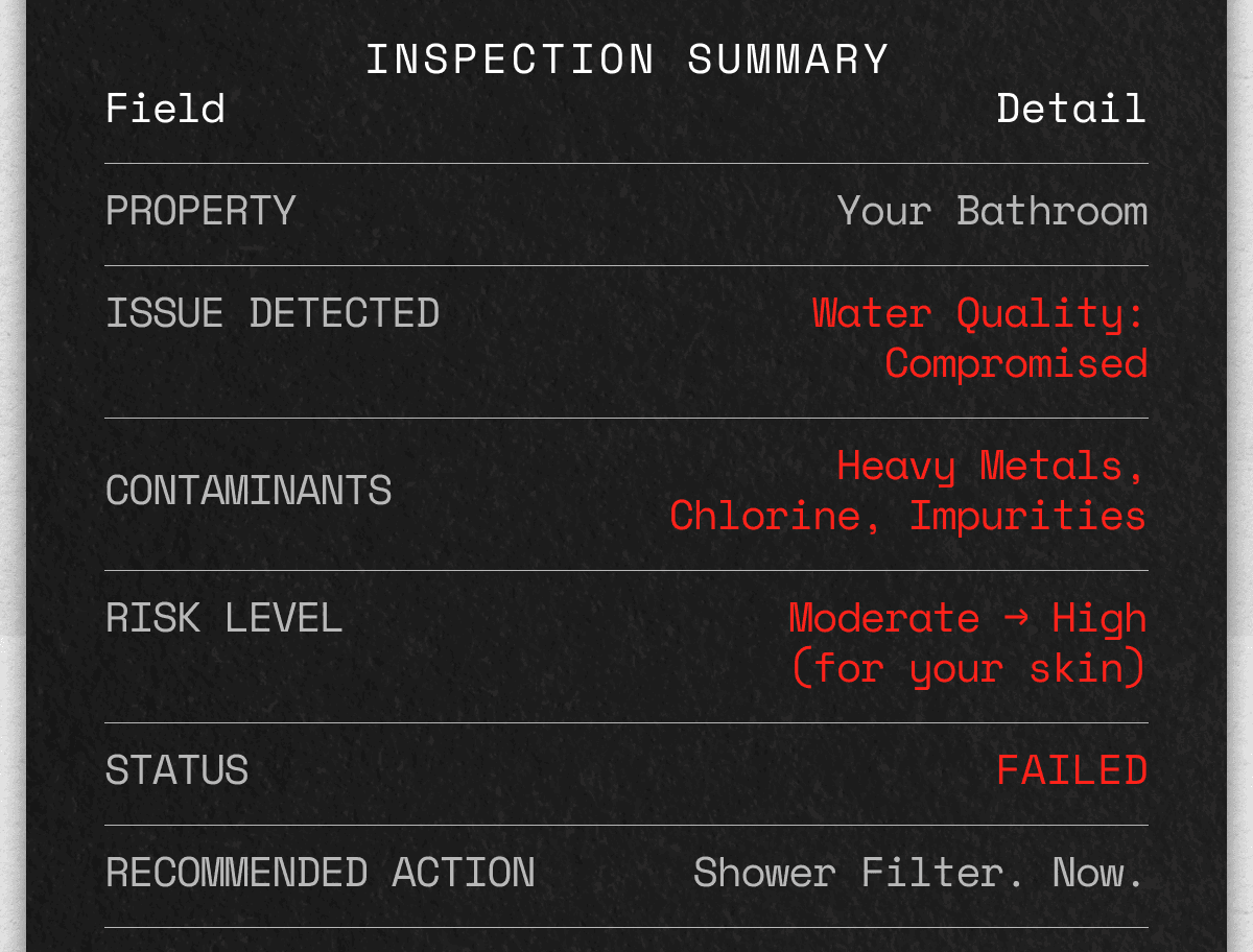 Inspection summary table showing compromised water quality with heavy metals and chlorine contaminants