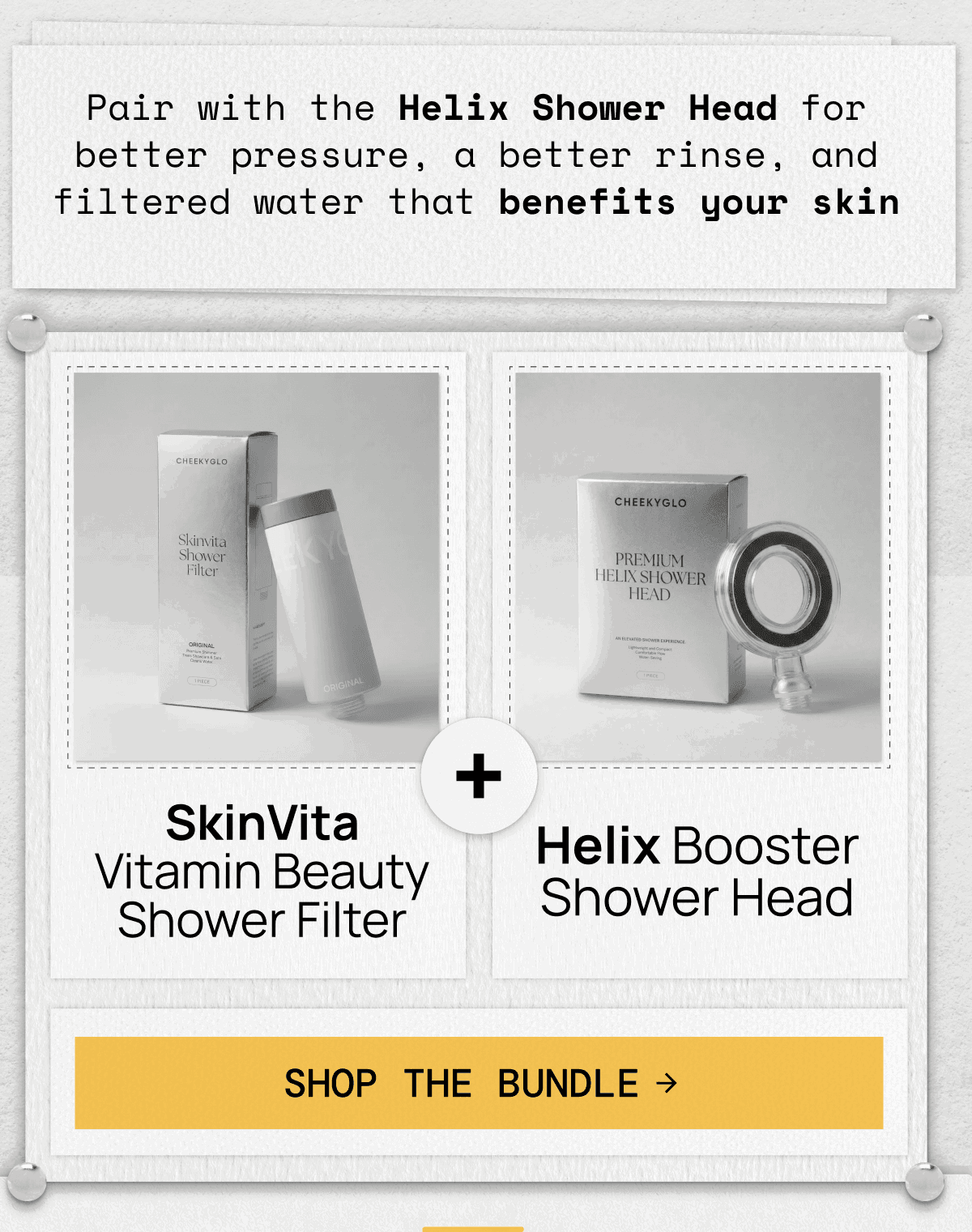 Product bundle showing SkinVita shower filter and Helix shower head with shop the bundle button