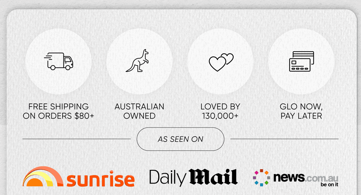 CheekyGlo shipping perks showing four circles with shipping, kangaroo, hearts and payment icons plus media logos