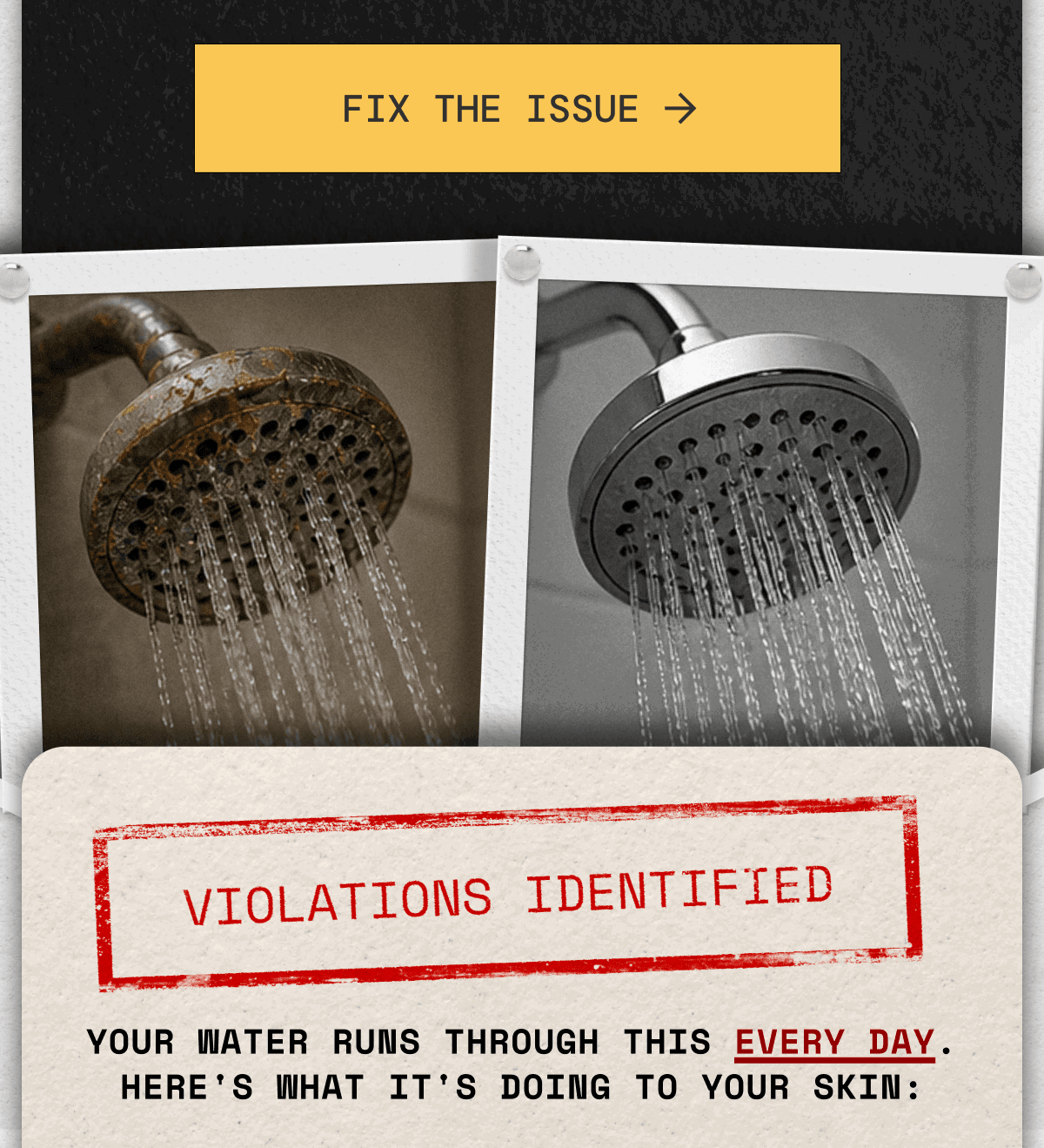 Before and after shower head photos with yellow fix the issue button and violations identified stamp