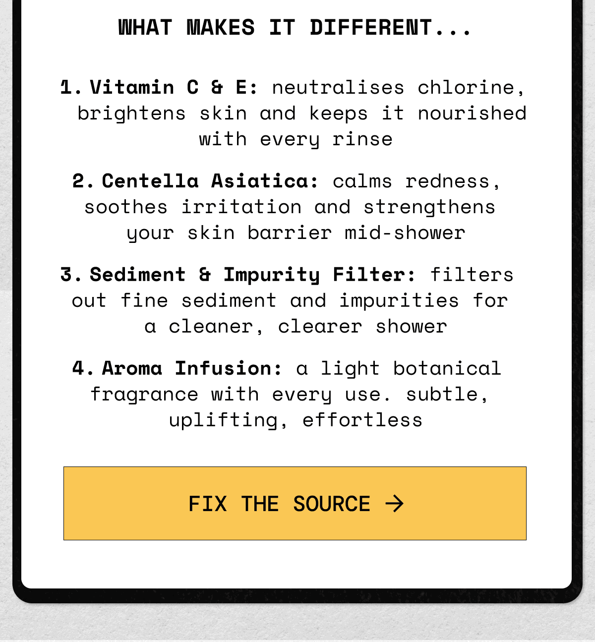 Product benefits list including vitamin C and E, centella asiatica, sediment filter, and aroma infusion