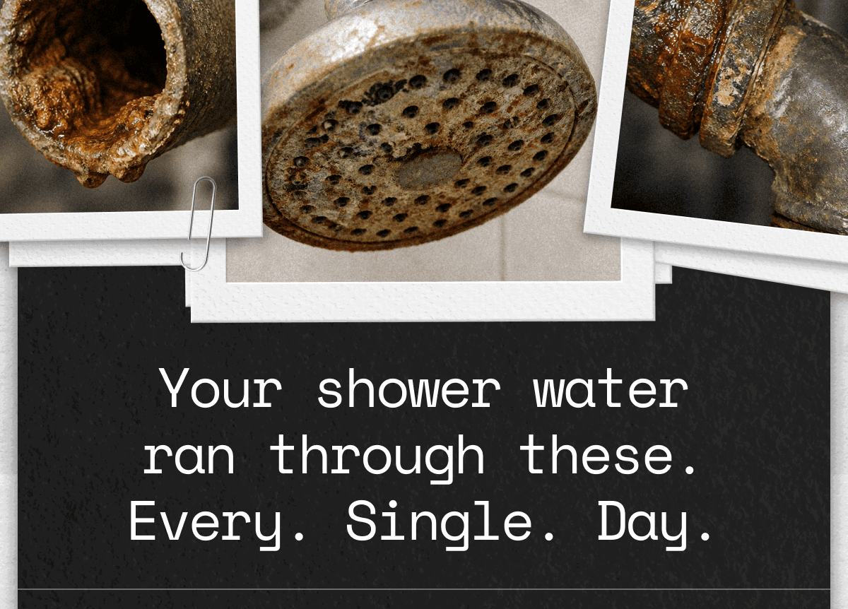 Three photos showing corroded, rusted shower pipes and fixtures with holes and buildup