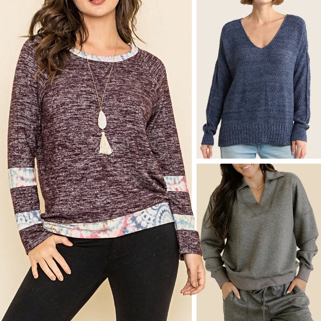 The Pullover Edit collection featuring three women's sweaters in burgundy, navy, and olive styles.