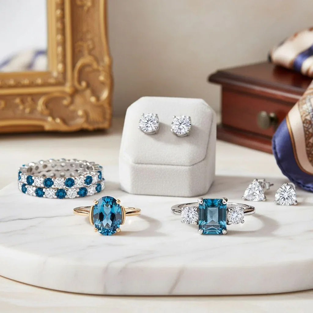 The V3 Jewelry Edit collection featuring diamond earrings, blue gemstone rings, and a sapphire bracelet displayed on marble.