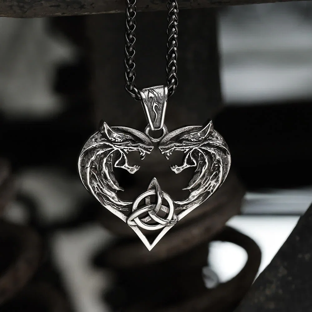 Image of Heart-shaped Fenrir Wolf Stainless Steel Viking Pendant