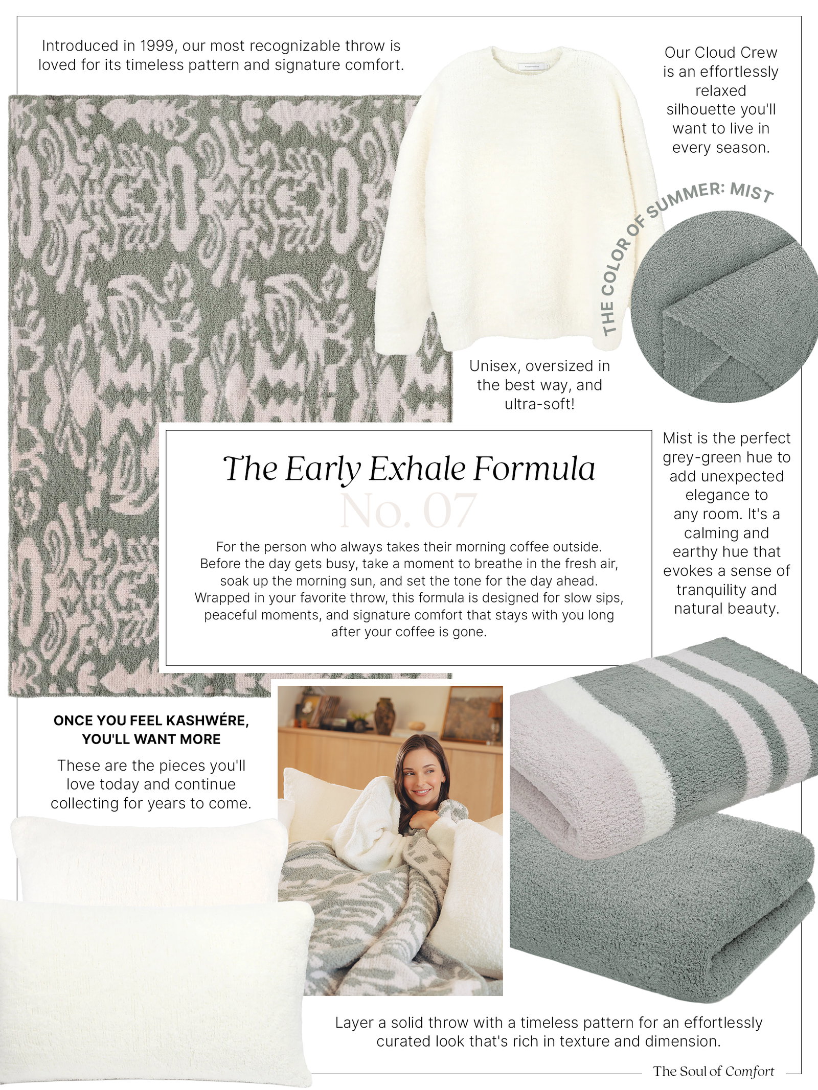 Editorial-style collage featuring The Early Exhale Formula No. 07. A large Mist and Creme damask throw anchors the layout alongside a Creme Cloud Crew pullover, Mist solid throw, striped throw, and Cloud Pillows. Close-up fabric detail highlights the Mist color, described as a calming grey-green hue. A lifestyle photo shows a woman relaxing on a sofa wrapped in the damask throw and surrounded by Cloud Pillows. Text highlights the iconic damask pattern, the oversized unisex Cloud Crew, layering patterned and solid throws, and the idea of creating a peaceful morning ritual with slow coffee, fresh air, and signature Kashwére comfort.