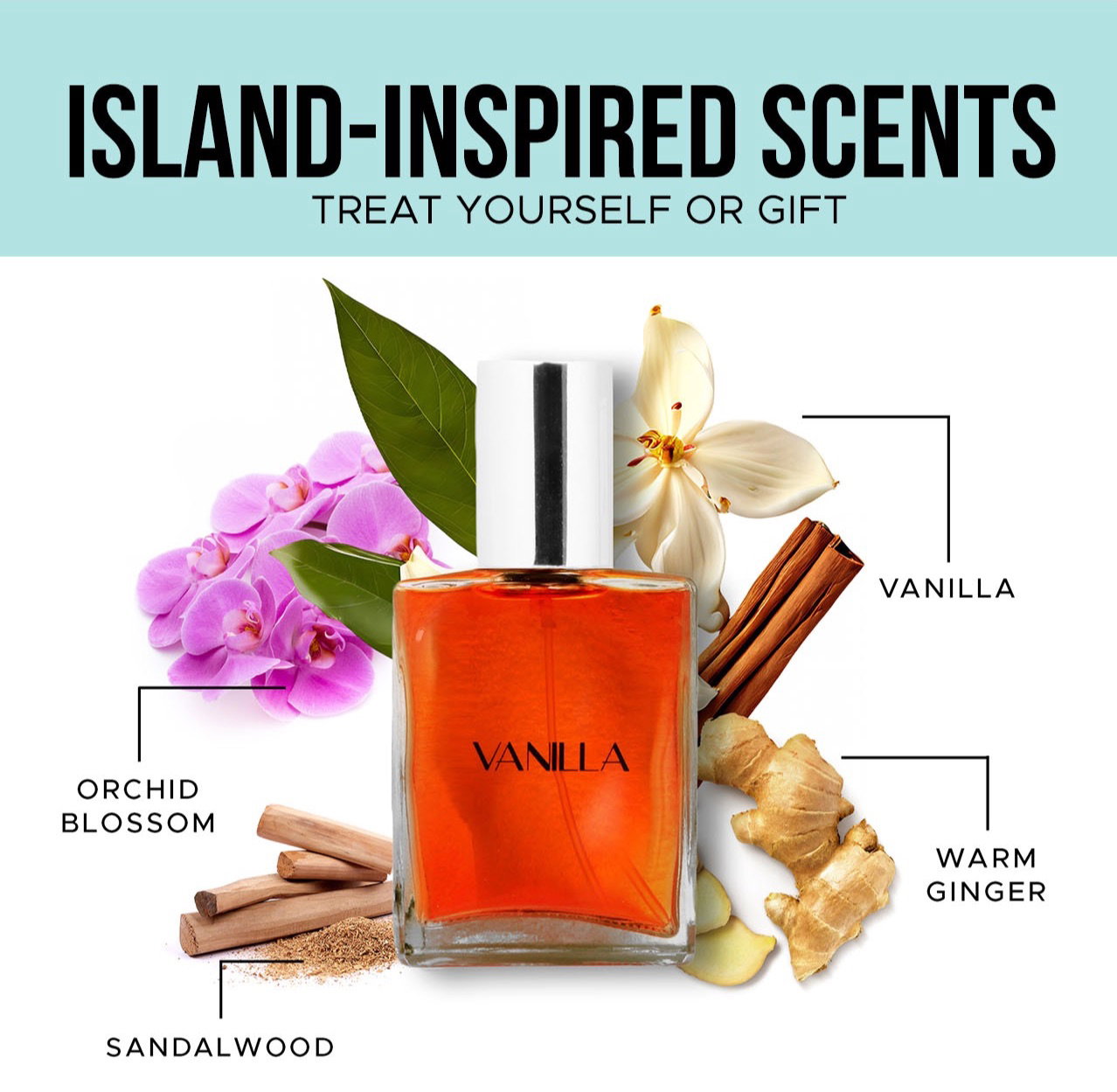 an image of a bottle of Vanilla Perfume with the words island scents on it