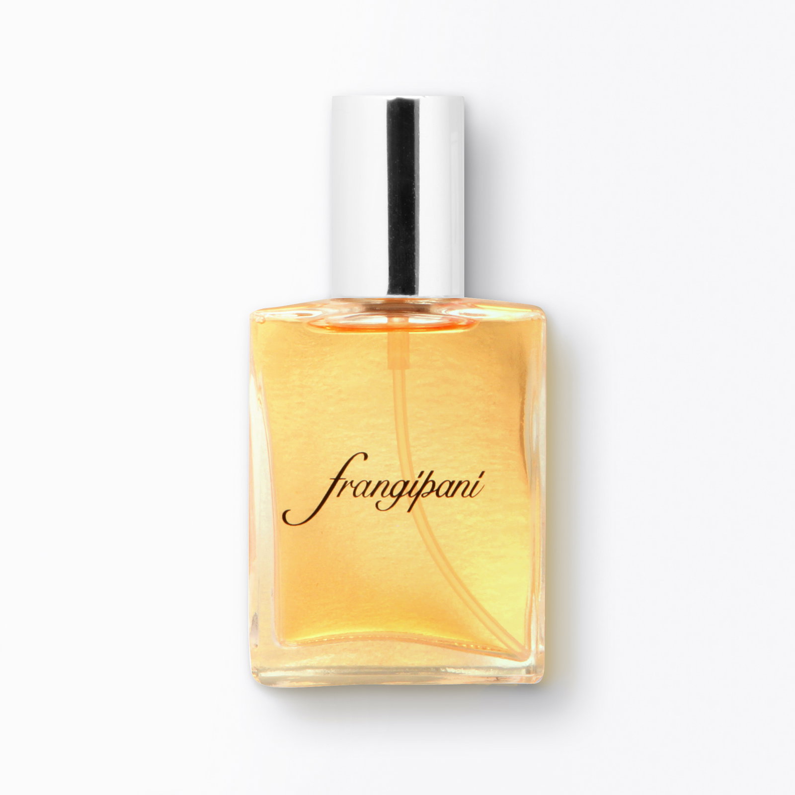 a bottle of Frangipani Perfume on a white surface