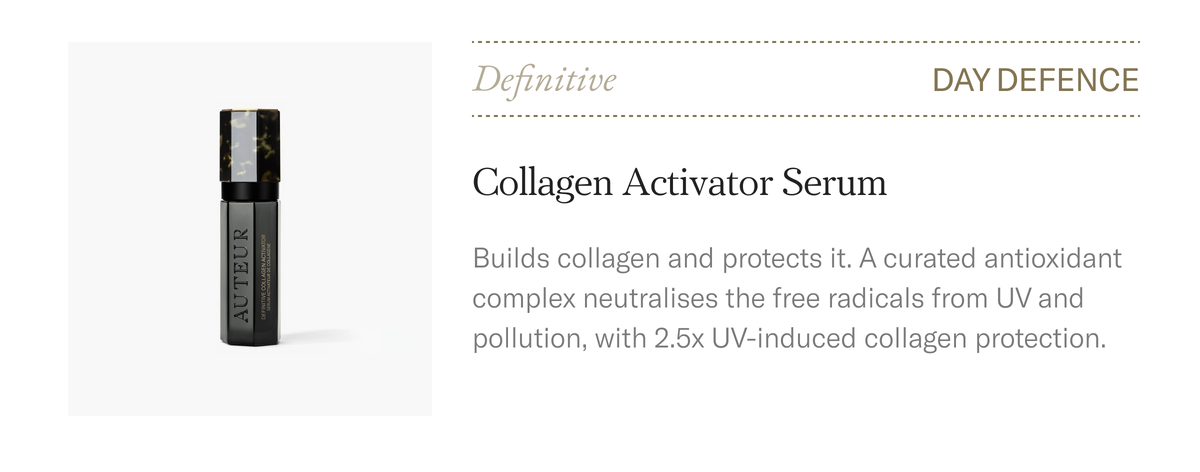 Definitive Collagen Activator Serum, day defence. Builds collagen and protects it with a curated antioxidant complex. $330.