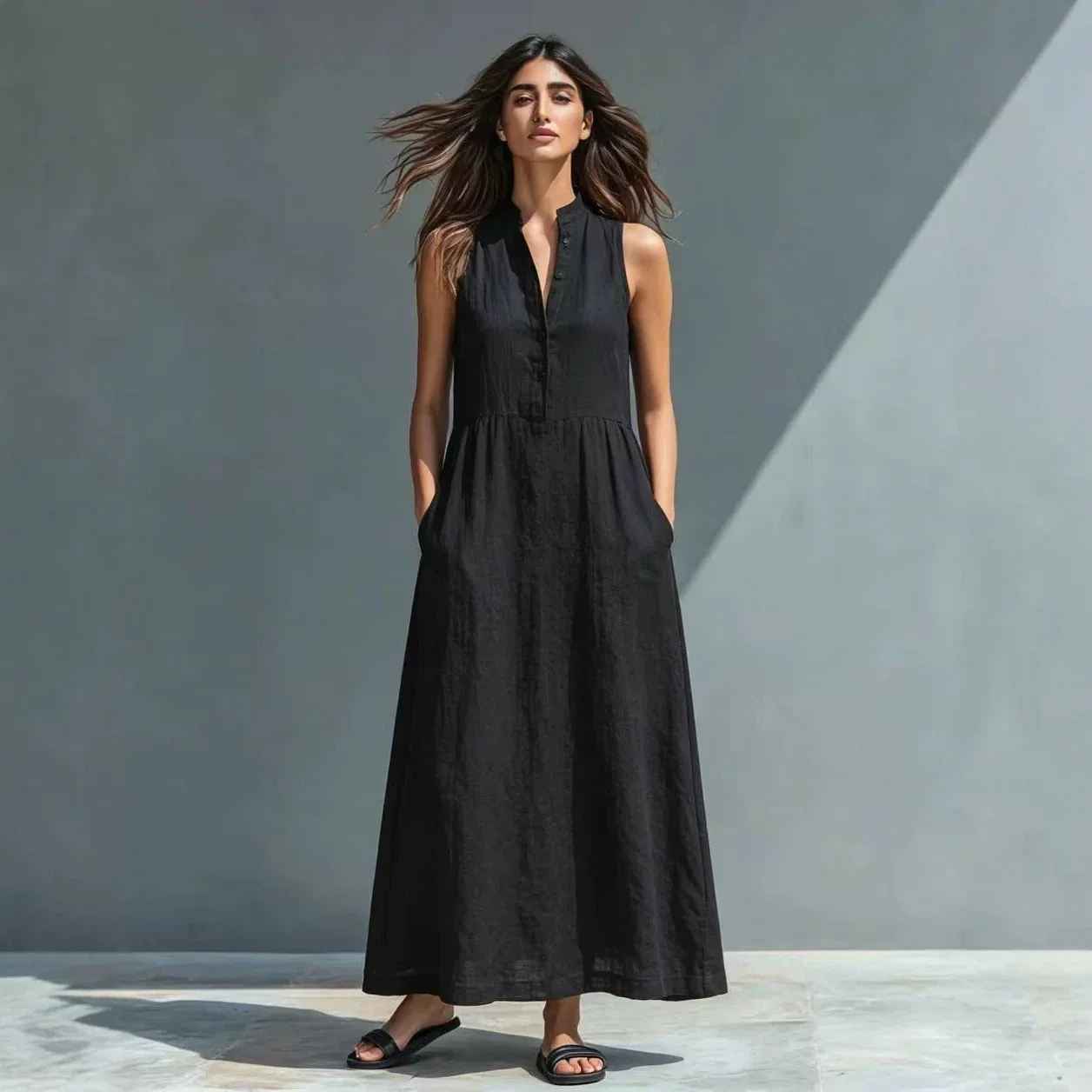 Stand-collar A-line maxi dress