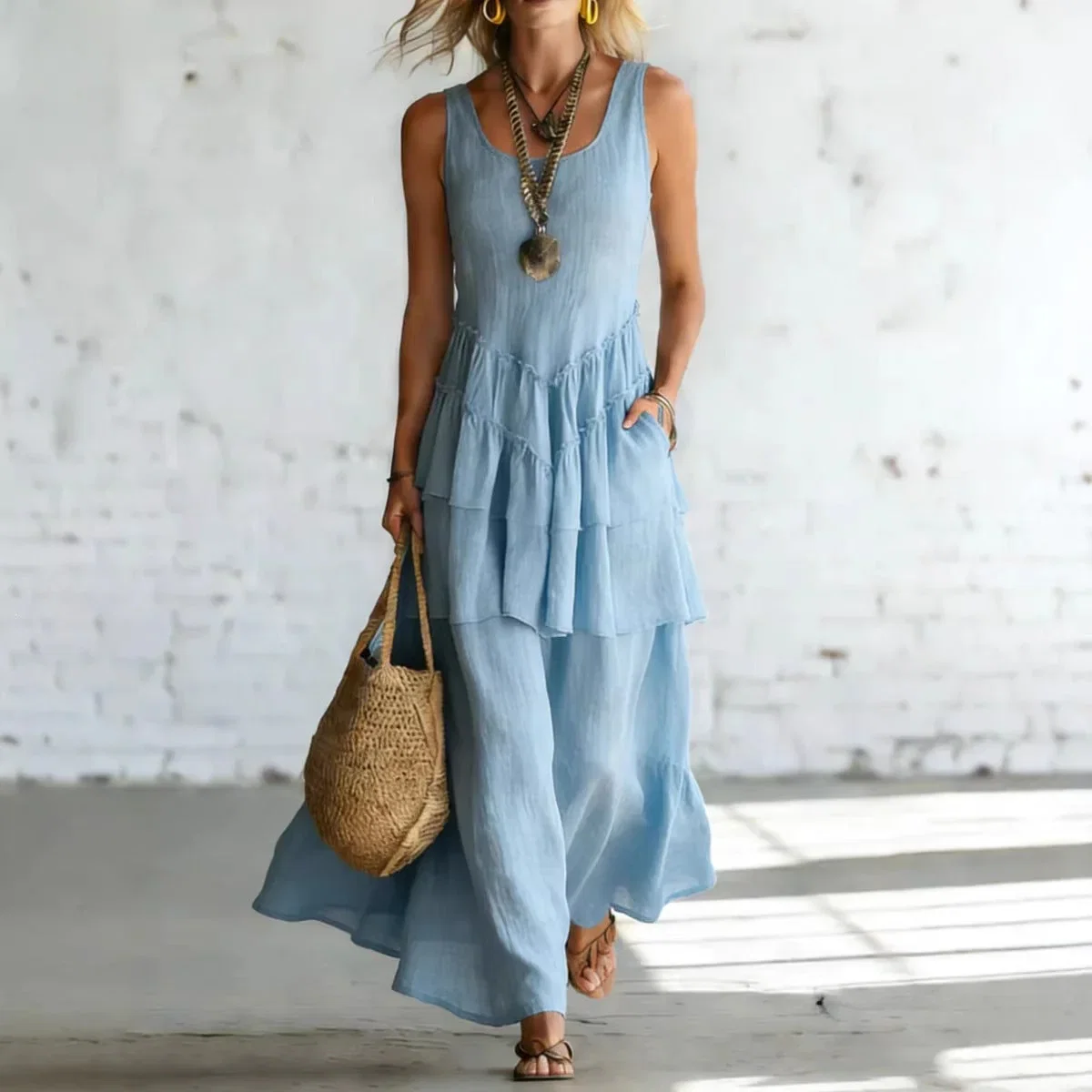 Cotton-linen loose maxi dress