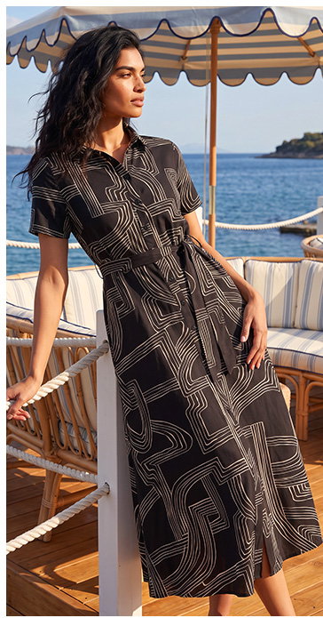 Geo Linear Print Shirt Midi Dress