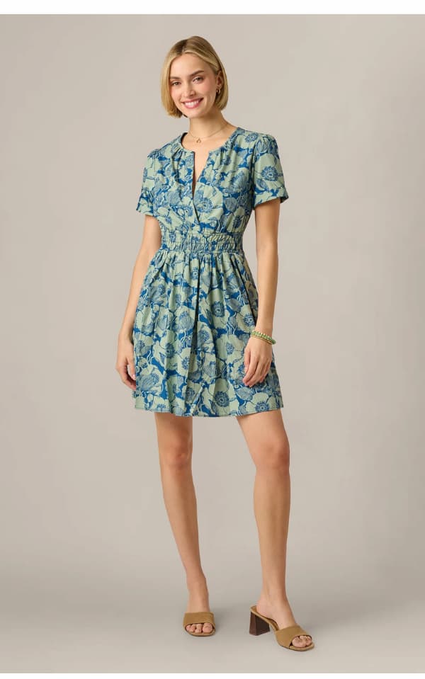 Short Sleeve Printed Cotton Sophia Dress In Navy Sage