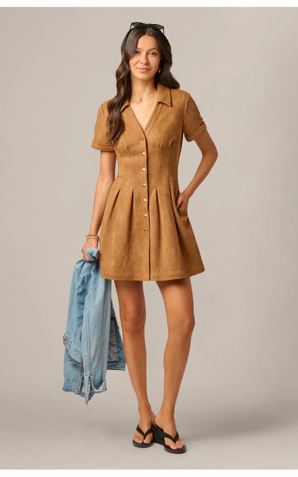 Short Sleeve Microsuede Emma Dress In Camel