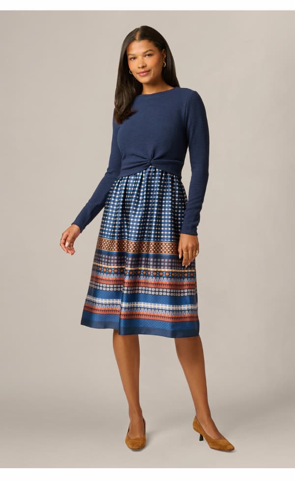 Long Sleeve Twist Waist Midi Amelia Dress In Navy Mustard