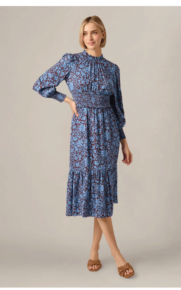 Long Sleeve Floral Print Mia Midi Dress In Brown Blue