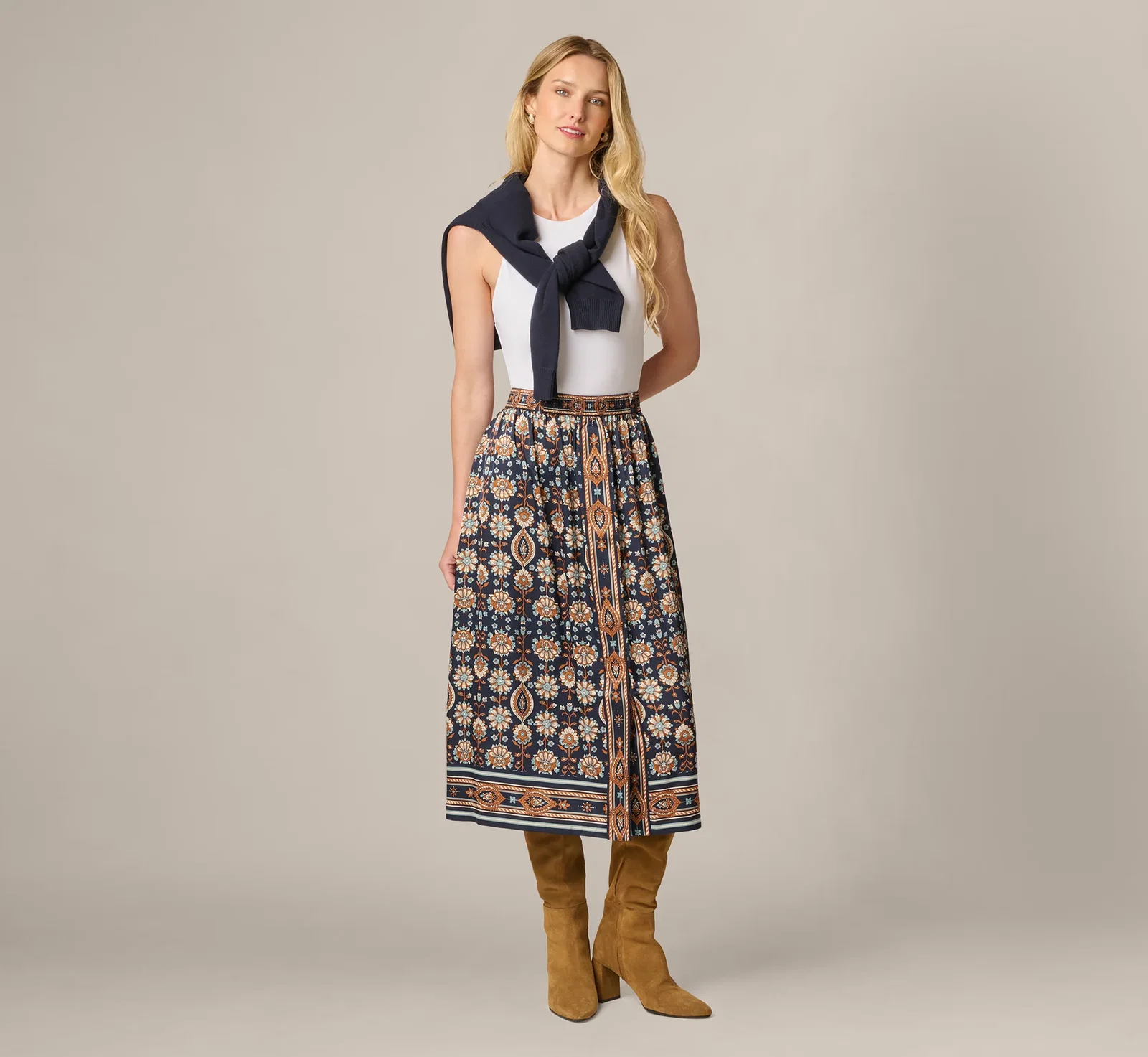 Image of Satin Front Slit A Line Midi Skirt In Navy Climbing Roses