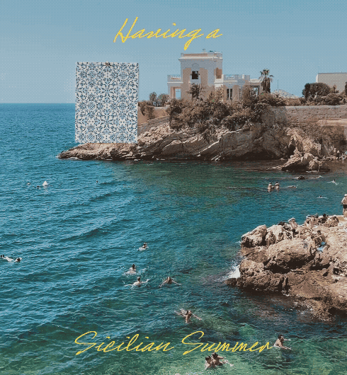 Gif image showing the Sicilian coast in the background layered over with Tempaper wallpaper patterns. Text "Having a Sicilian Summer"