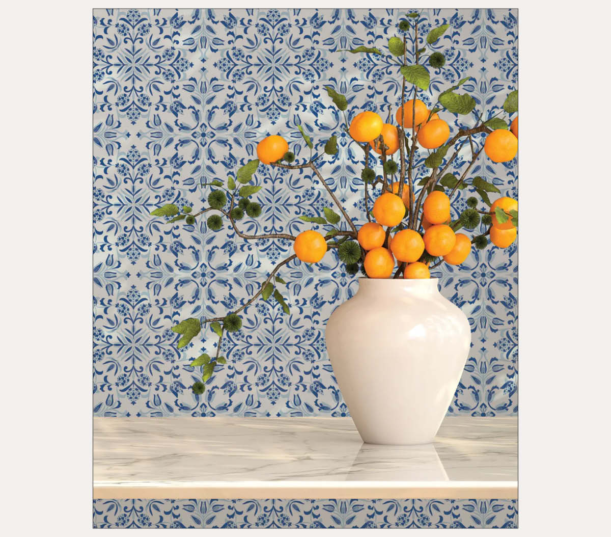 Image of Tempaper's Ornamental Tile wallpaper on a wall behind a white vase with Orange blooms.