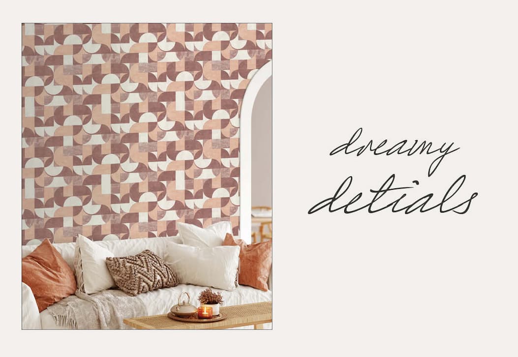 Image of Tempaper's Composed Shapes wallpaper on a wall behind a couch. Text next to image "Dreamy Details"