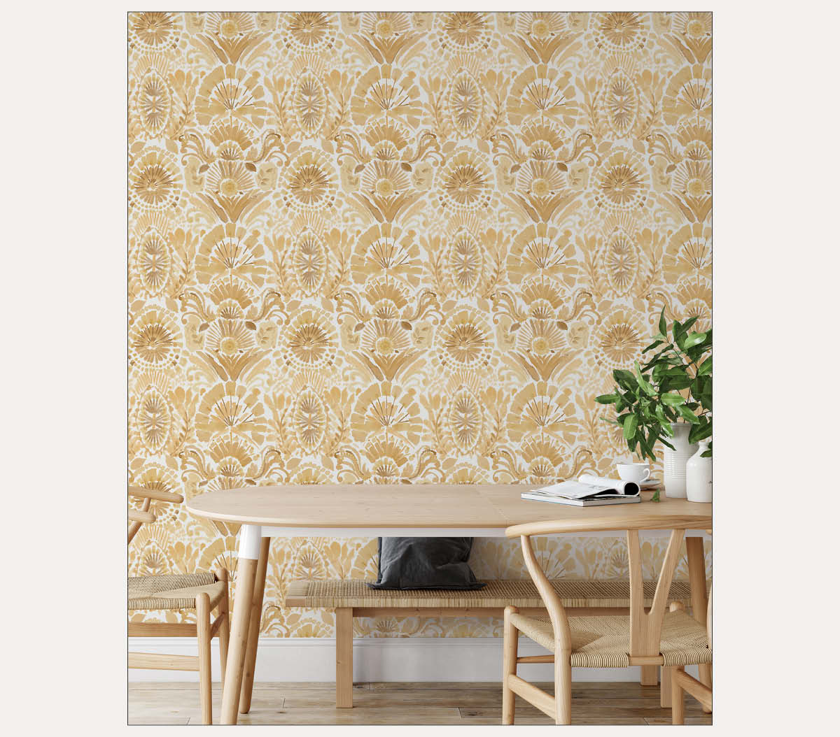 Image of Tempaper's Bohemia wallpaper in yellow behind a casual dining table.