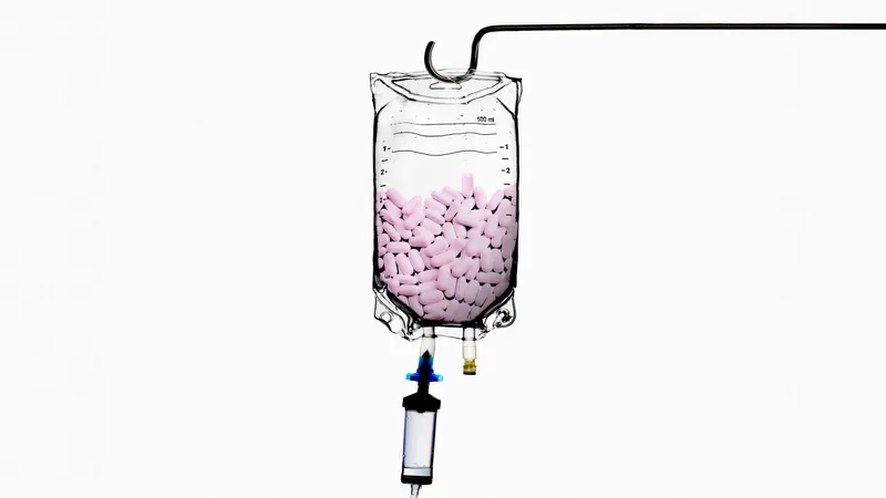 suspended IV bag with supplements inside