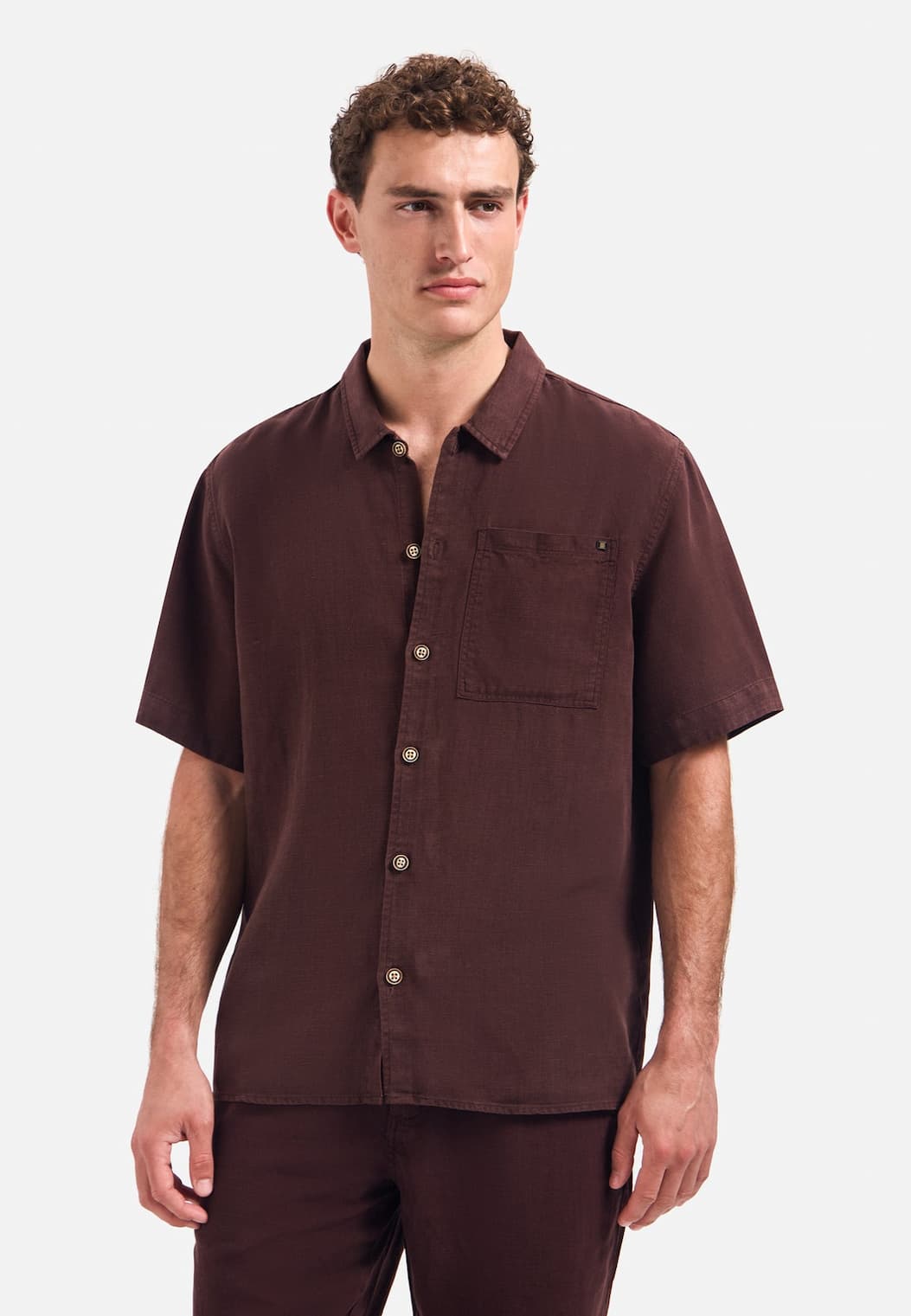 Short-sleeve linnen blend shirt | Dark Brown