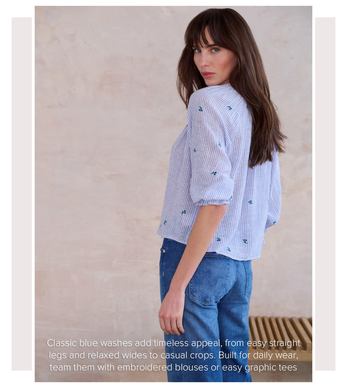 Classic blue washes add timeless appeal, from easy straight legs and relaxed wides to casual crops. Built for daily wear, team them with embroidered blouses or easy graphic tees