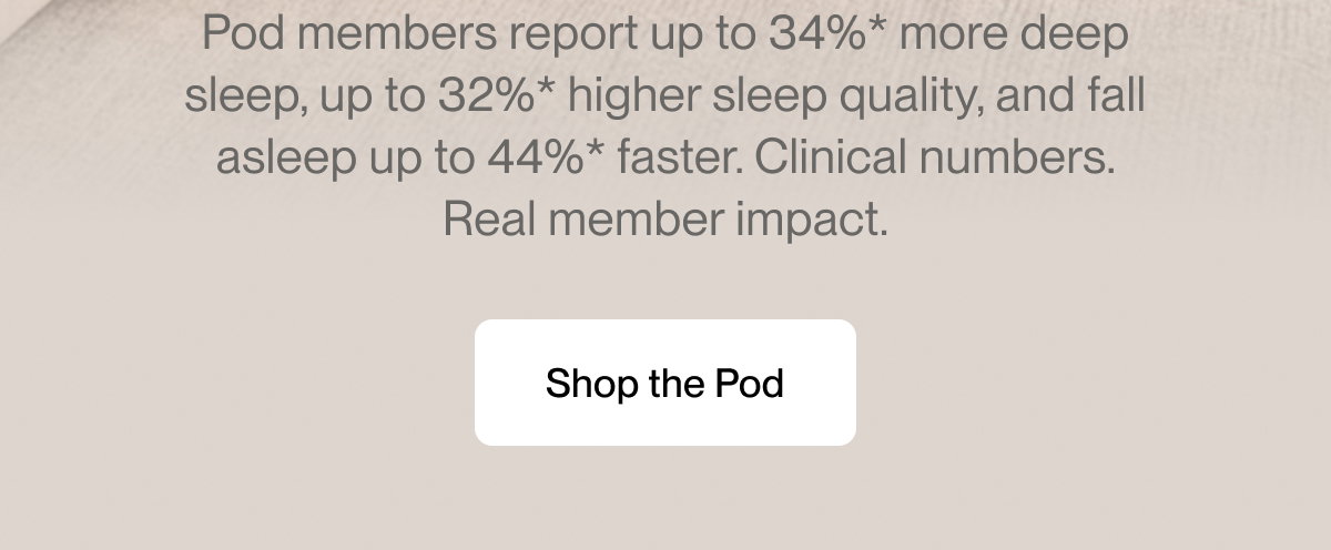 Pod members report up to 34%* more deep sleep, up to 32%* higher sleep quality, and fall asleep up to 44%* faster. Clinical numbers. Real member impact.