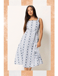 M&Co Petite White & Navy Blue Embroidered Cotton Dress