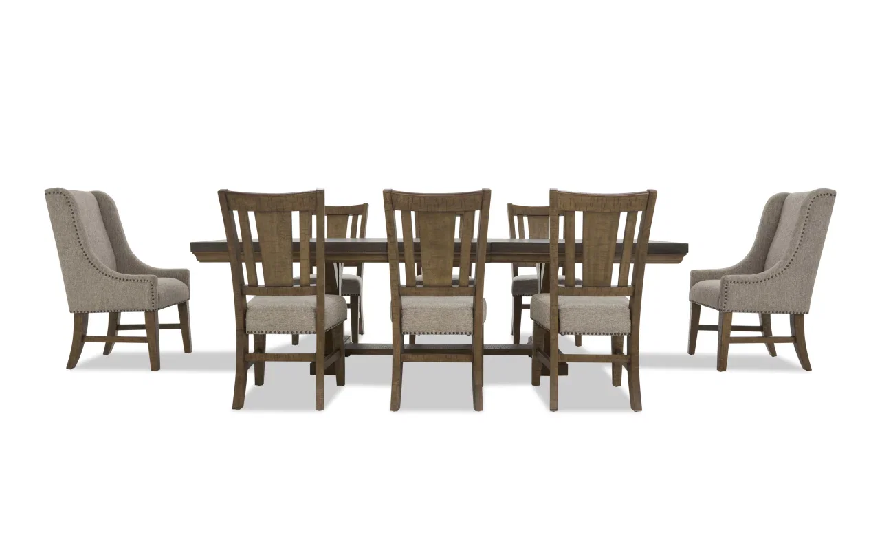 Beaumont 9 Piece Brown, Gray, & Beige Upholstered Extendable Storage Dining Set