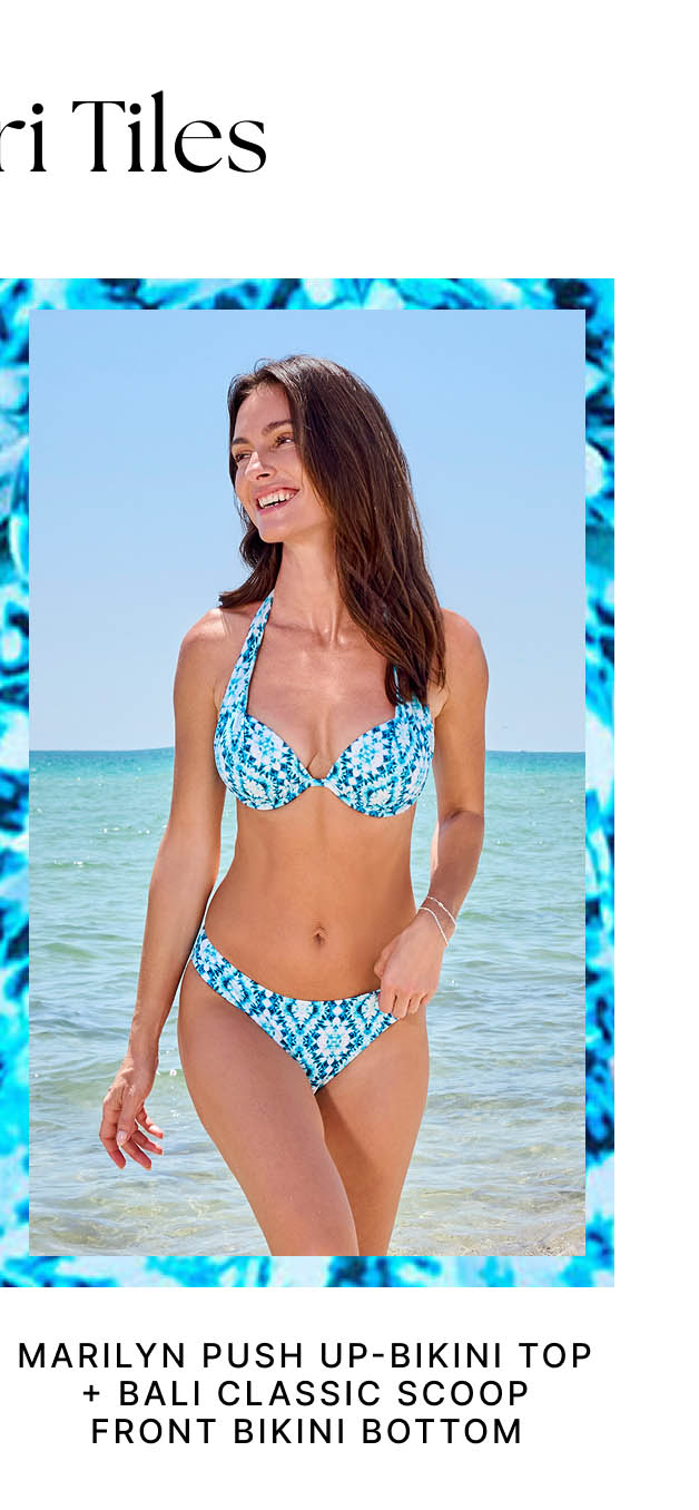Marilyn Push-Up Bikini Top + Bali Classic Scoop Front Bikini Bottom in Shibori Tiles