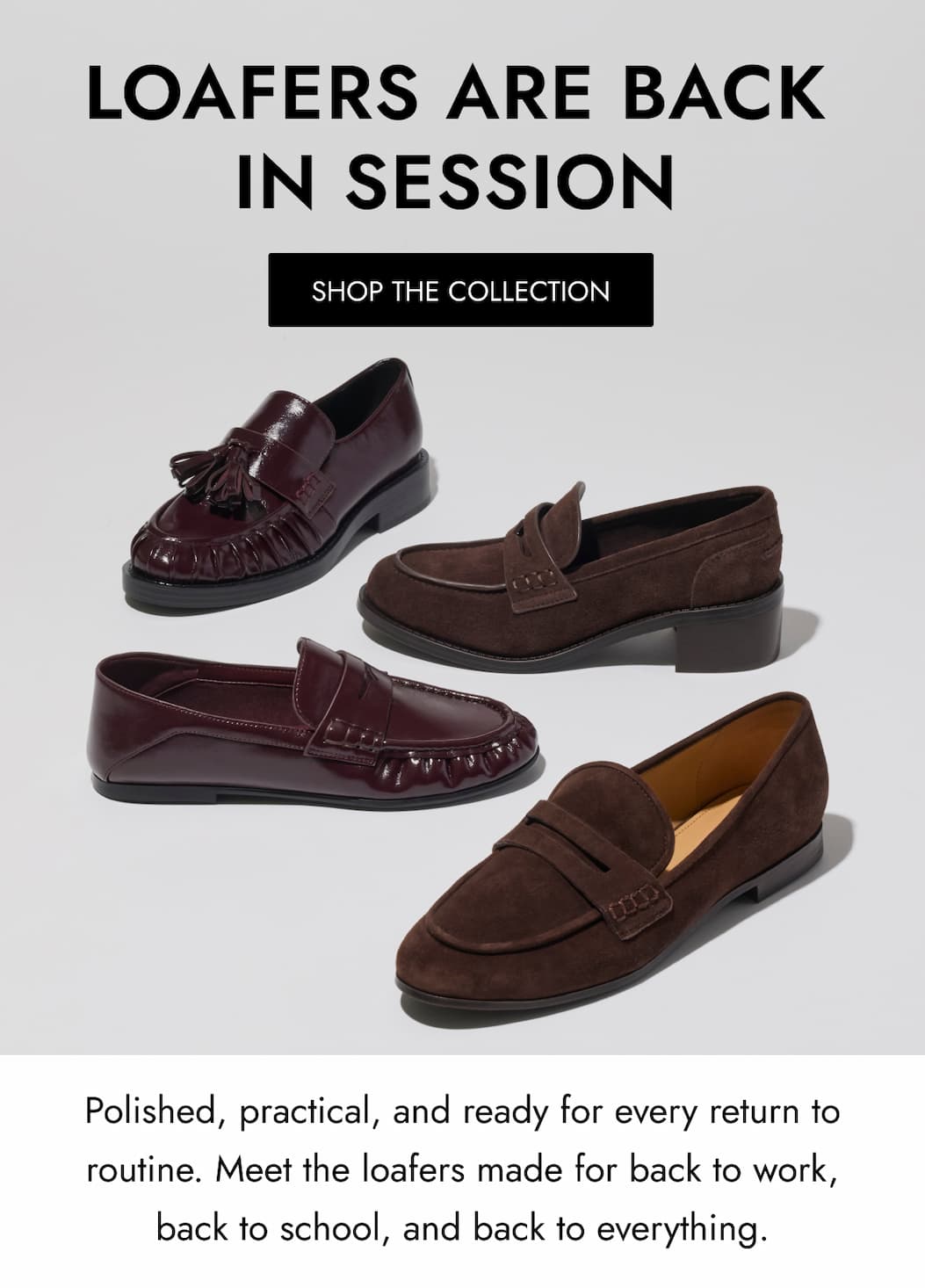 LOAFERS ARE BACK IN SESSION SHOP THE COLLECTION Polished, practical, and ready for every return to routine. Meet the loafers made for back to work, back to school, and back to everything.