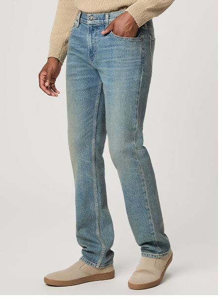 A man's legs in medium blue vintage inspired denim jeans.