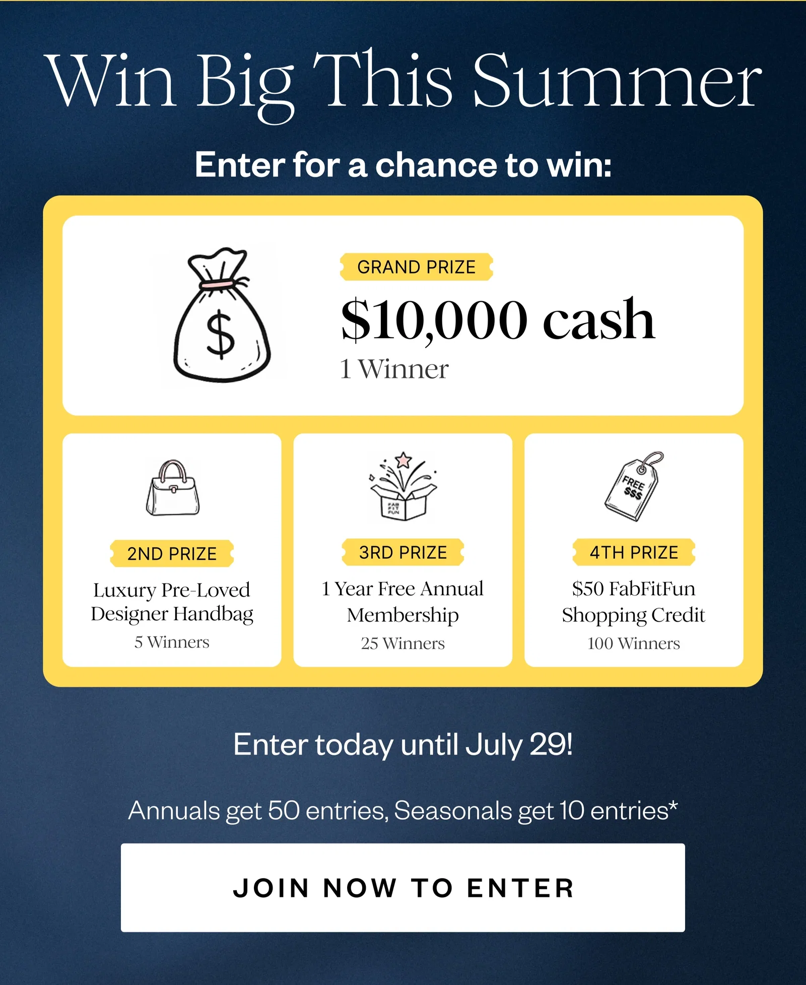Win Big This Summer | Enter for a chance to win: | GRAND PRIZE $10,000 cash 1 Winner | 2ND PRIZE Luxury Pre-Loved Designer Handbag 5 Winners | 3RD PRIZE 1 Year Free Annual Membership 25 Winners | 4TH PRIZE $50 FabFitFun Shopping Credit 100 Winners | Enter today until July 29! | Annuals get 50 entries, Seasonals get 10 entries* | JOIN NOW TO ENTER