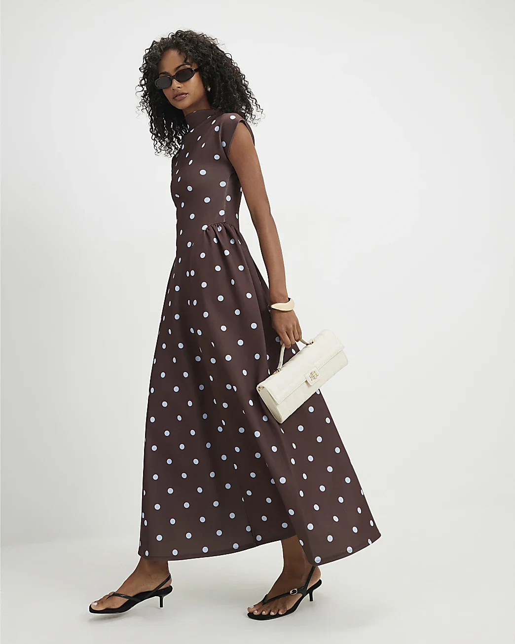 Womens Brown Short Sleeve Polka Dot Midi Maxi Dress