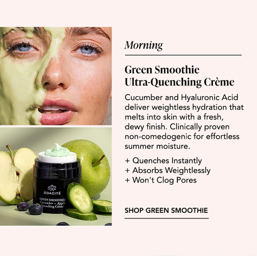 Model wearing a green facial moisturizer beside a jar of Green Smoothie cream surrounded by green apples, cucumber, and blueberries, with text describing lightweight hydration.