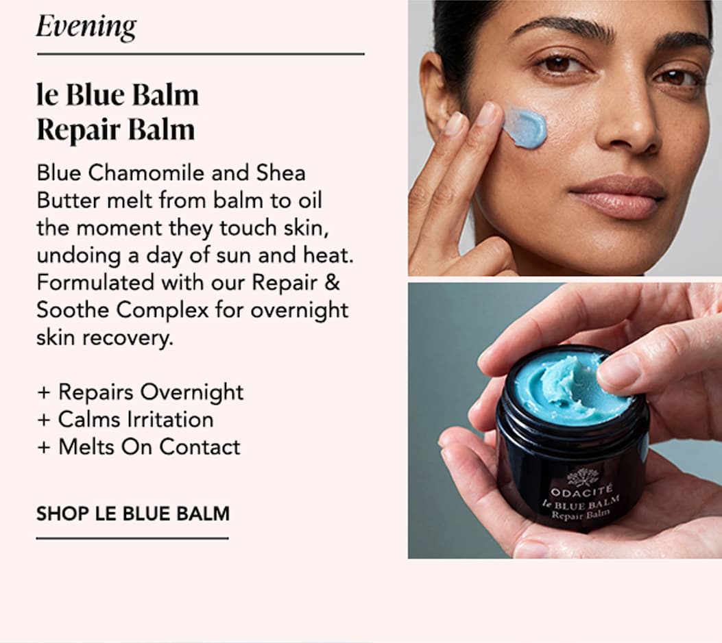 Model applying blue balm to her cheek beside a close-up of le Blue Balm in its jar, with text highlighting overnight repair and soothing benefits.