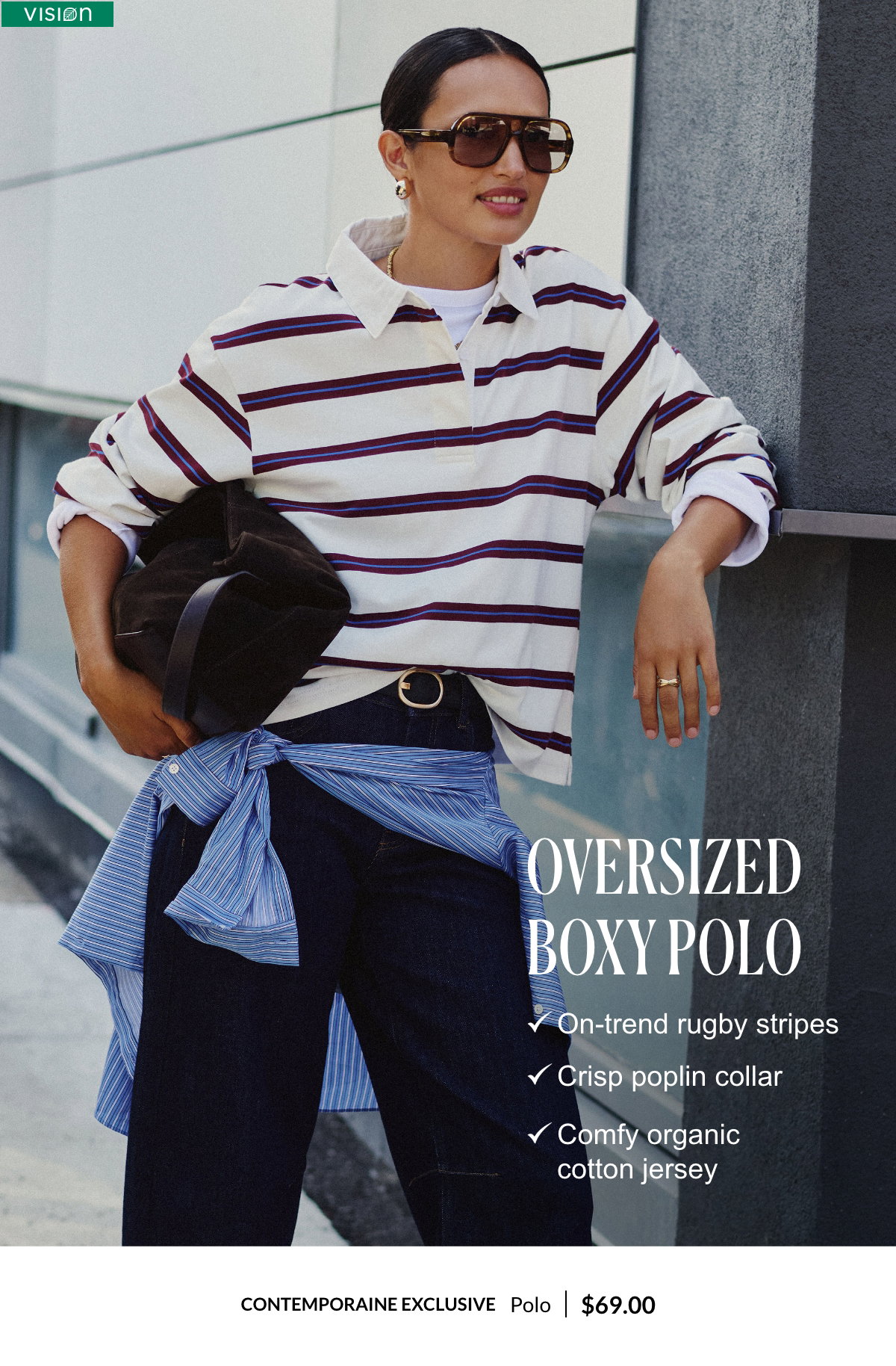 OVERSIZED BOXY POLO. On-trend rugby stripes, Crisp poplin collar, Comfy organic cotton jersey